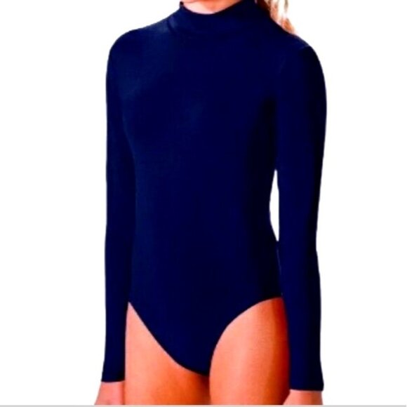 Cheer Fantastic Long Sleeve Bodysuit Leotard Mockneck Zip Back M Navy Blue - Picture 1 of 9